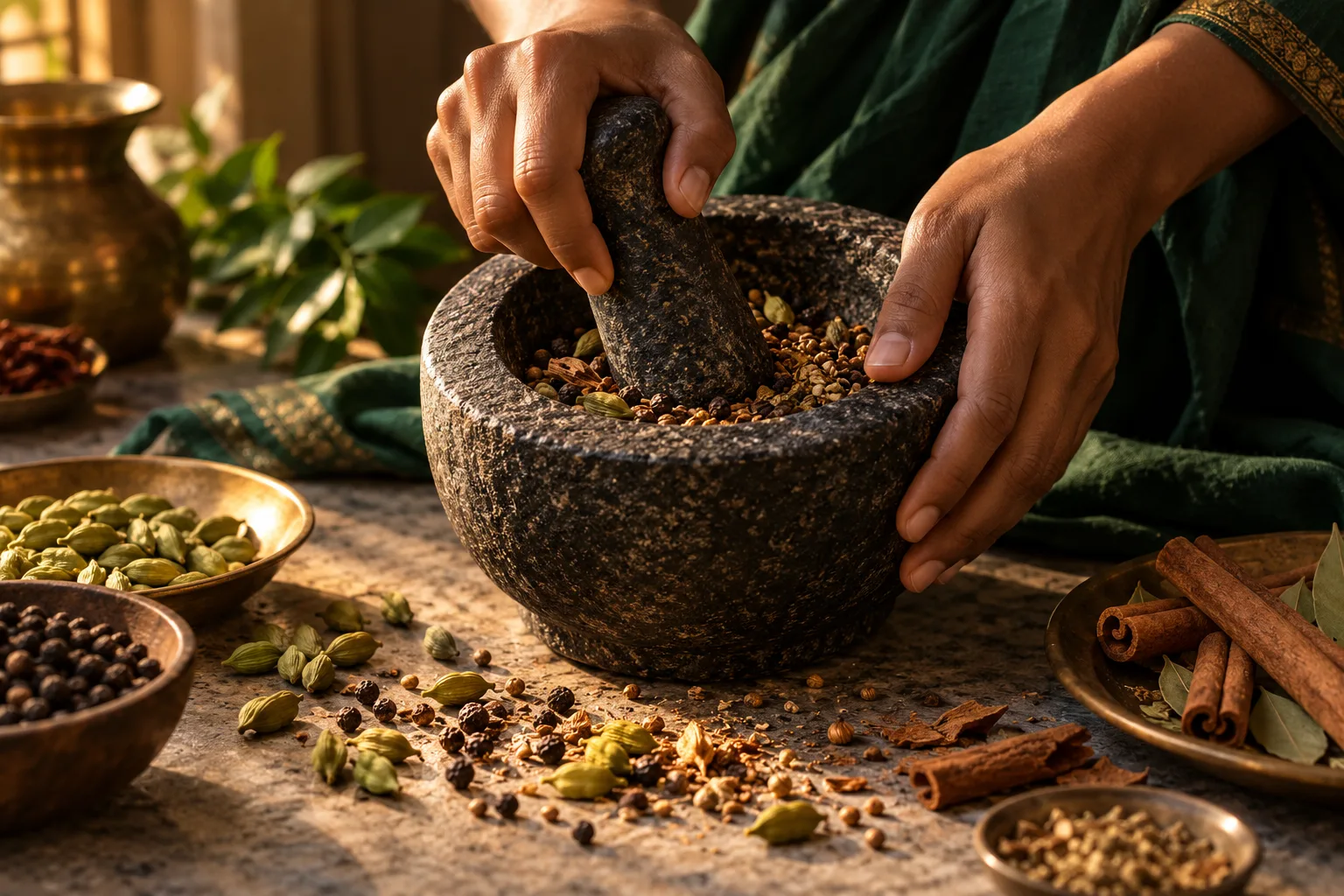 Whole spices being prepared with a traditional stone mortar and pestle
