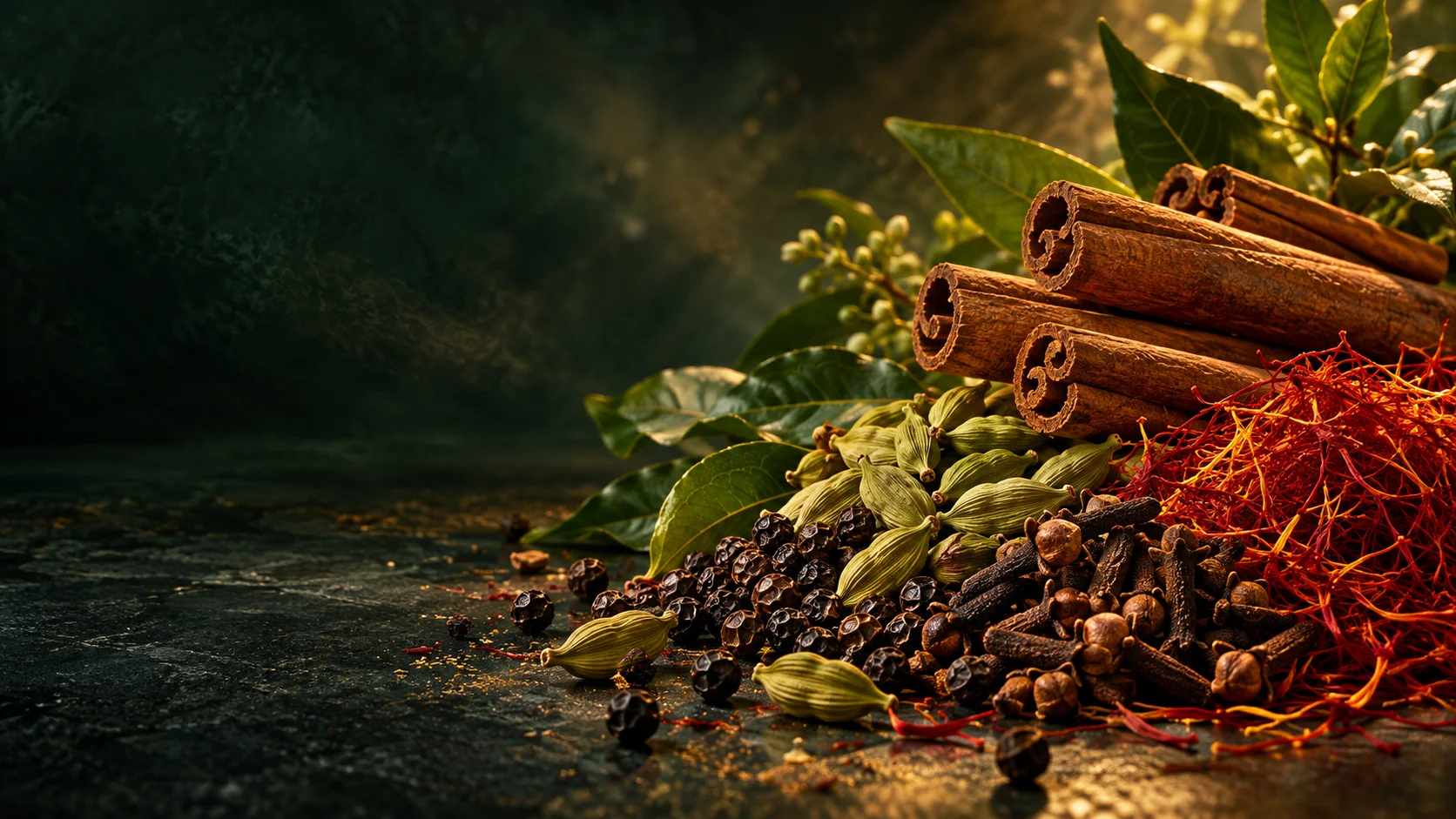 Cinnamon, cardamom, cloves, black pepper and saffron in warm light against deep emerald