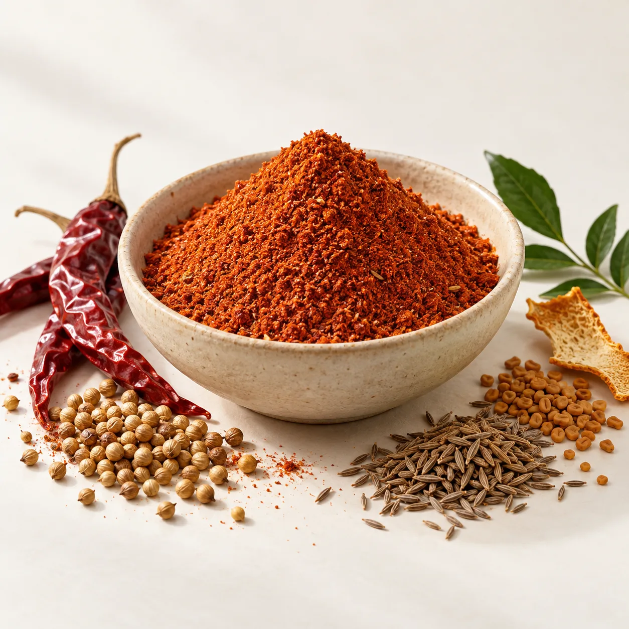 Patia masala in an ivory ceramic bowl with whole spices