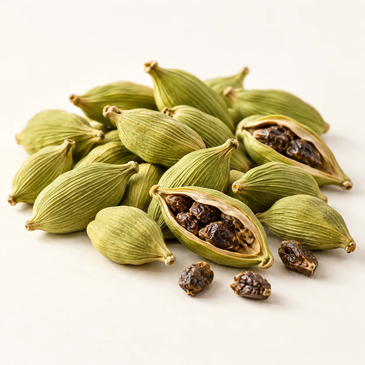 Green cardamom pods arranged in a premium editorial still life