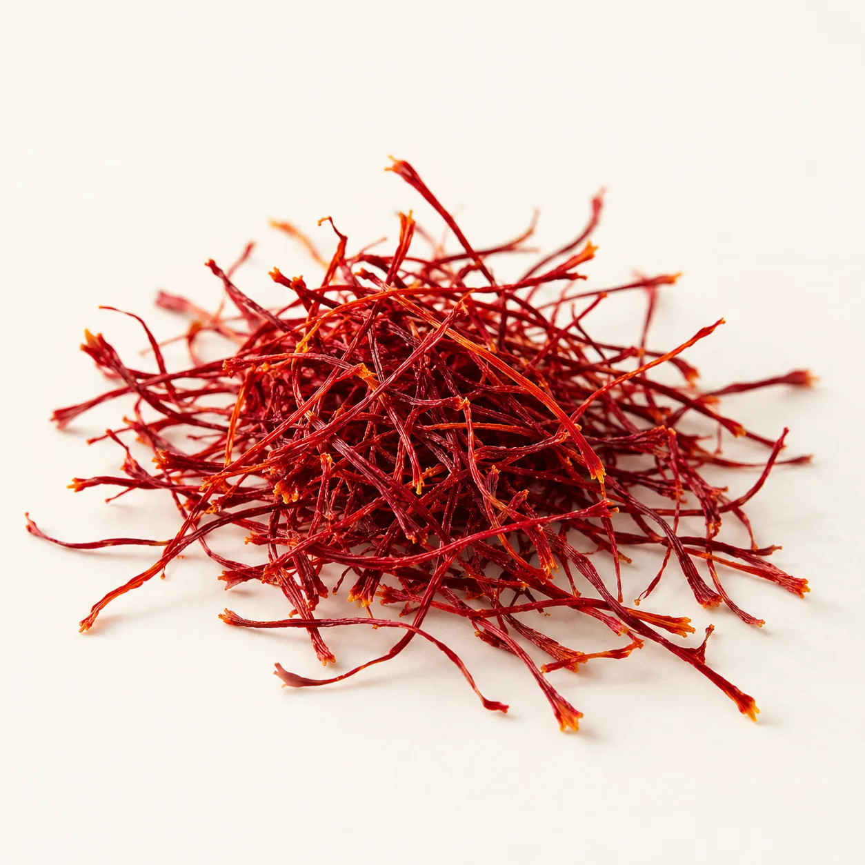 Kashmiri saffron threads arranged in a premium editorial still life